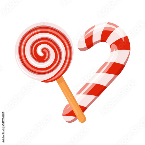 Lollipop and candy cane are folded into a heart shape. Red striped sweetmeats. Element for Christmas, New Year, birthday, anniversary, event. Template for poster, web, flyer, icon, promo, blog. Vector