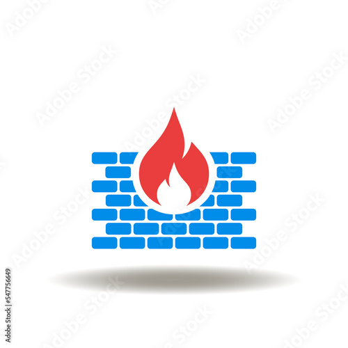 Vector illustration of brick wall fire flame. Icon of firewall. Symbol of antivirus. Sign of network virus attack protection and defense system.