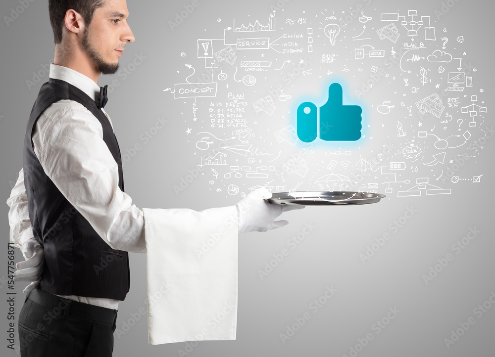 Close-up of waiter serving social media icons Close-up of waiter serving social media icons