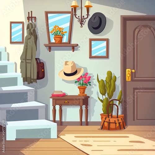 Room interior 2d illustrated illustration of retro corridor or hallway entrance with furniture. Cartoon flat background of apartment stairs, coat and hat on hanger, shoe drawer and flower in vase on © AkuAku