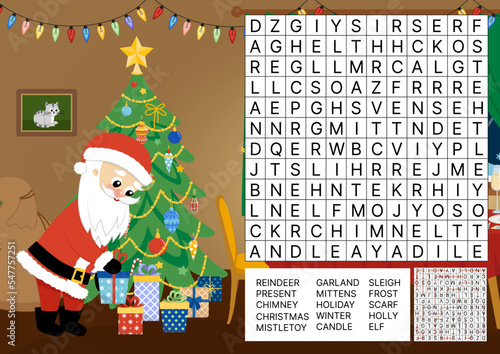 Christmas word search game puzzle for kids. Christmas words. Cartoon, vector