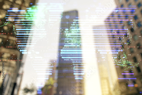 Multi exposure of abstract graphic world map hologram on blurry cityscape background, connection and communication concept