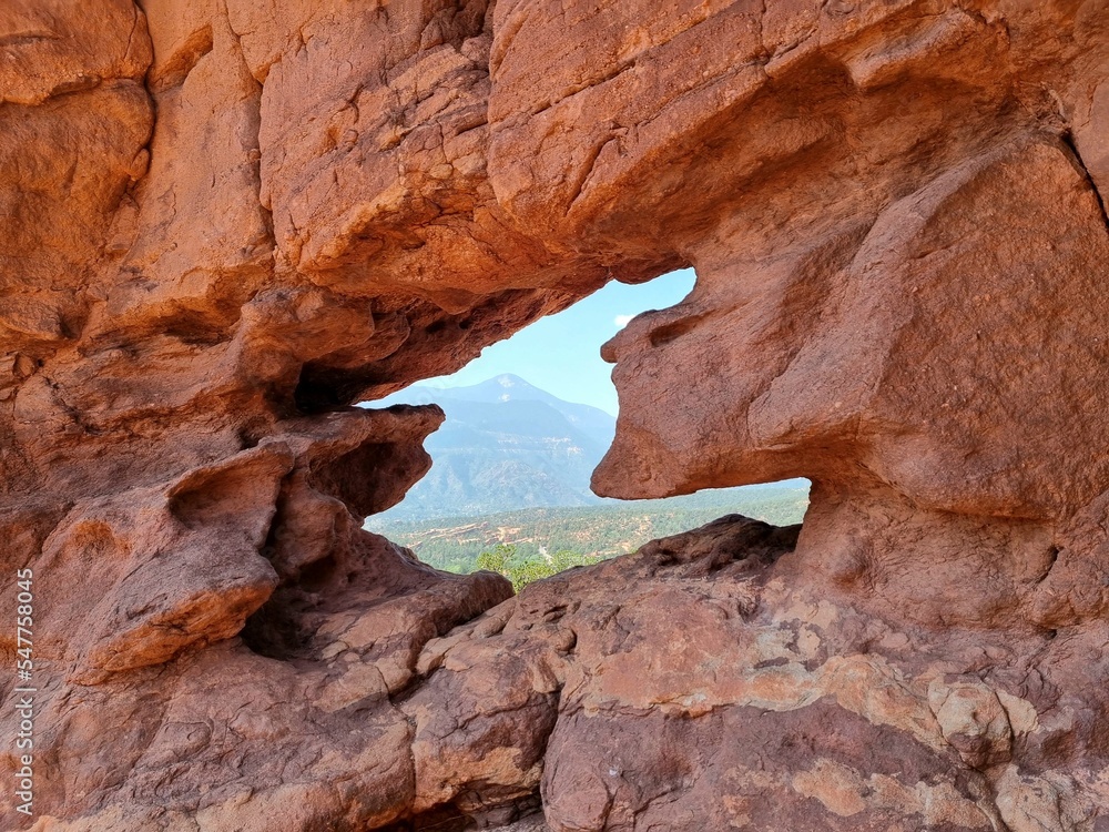 Window in the rocks with view of Pikes Peak from Garden of the Gods