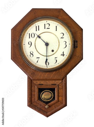 old wooden School Clock with pendulum white background