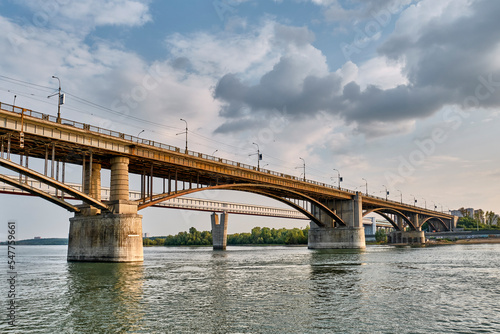 Automobile Kommunalny bridge over Ob River in Novosibirsk, Russia.