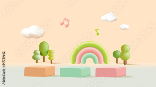 Stage decor with tree shapes. 3d pedestal natural scene or platform for product stand. Vector illustration. Podium for kid’s product presentations.