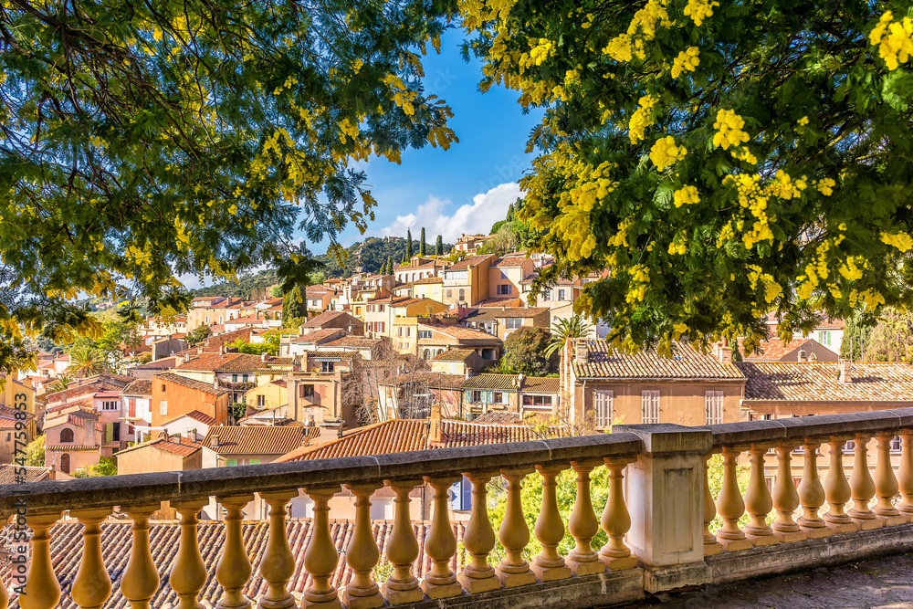 Scenic view of the small village of Bormes le Mimosas in south of France with yellow mimosas blooming under warm winter sunlight - obrazy, fototapety, plakaty 