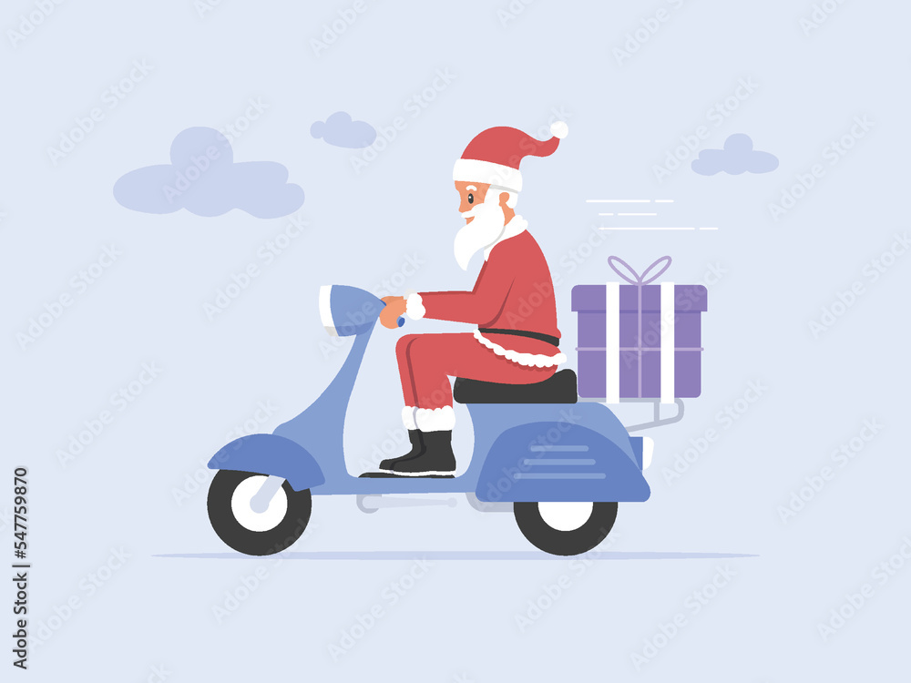 Christmas delivery. Santa claus driving a scooter bike delivering a Christmas gift vector flat illustration.