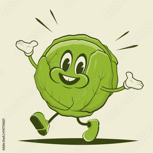 funny retro cartoon illustration of a walking lettuce