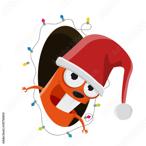 funny cartoon squirrel with santa clause hat looking out of a hole with christmas decoration