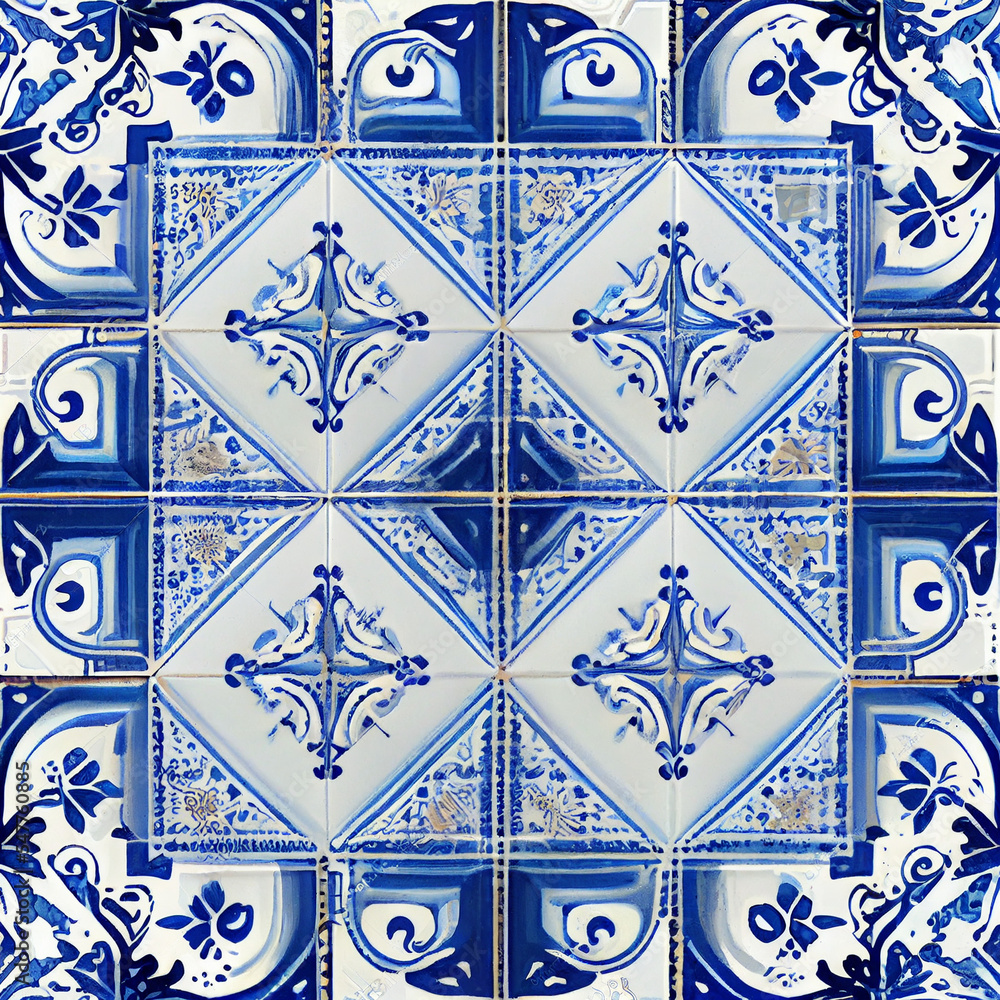 hand painted historic blue and white ceramic tiles - generative AI