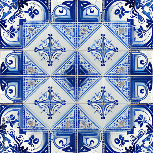 hand painted historic blue and white ceramic tiles - generative AI