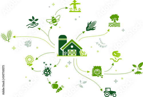 Farming & agriculture vector illustration. Green concept with icons related to agricultural industry / business, harvesting & cultivation of crops & farmland, sustainable farm, landwirtschaft.
