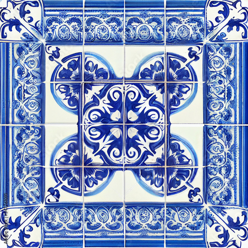 hand painted historic blue and white ceramic tiles - generative AI
