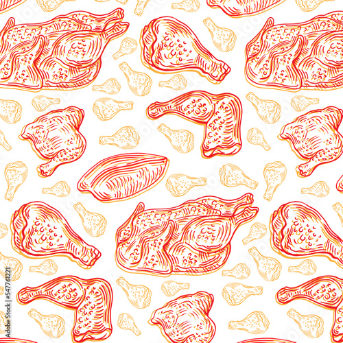 Crispy fried chicken seamless pattern. Fast food pattern background