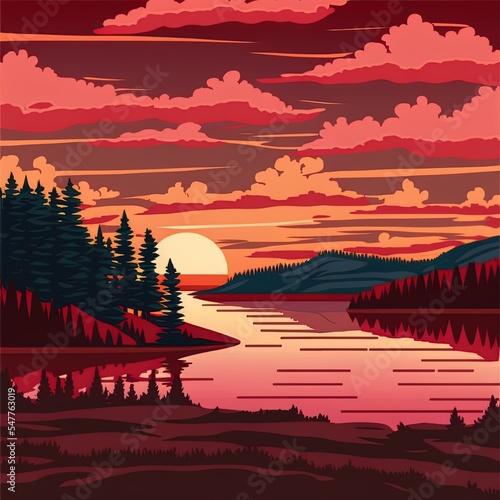 Sunset landscape with lake, clouds on red sky, silhouettes on hills and trees on coast. 2d illustrated cartoon illustration of nature scenery with sunrise, coniferous forest on river shore
