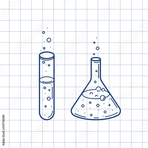 Hand drawn chemistry flasks in sketch style isolated on white checkered background