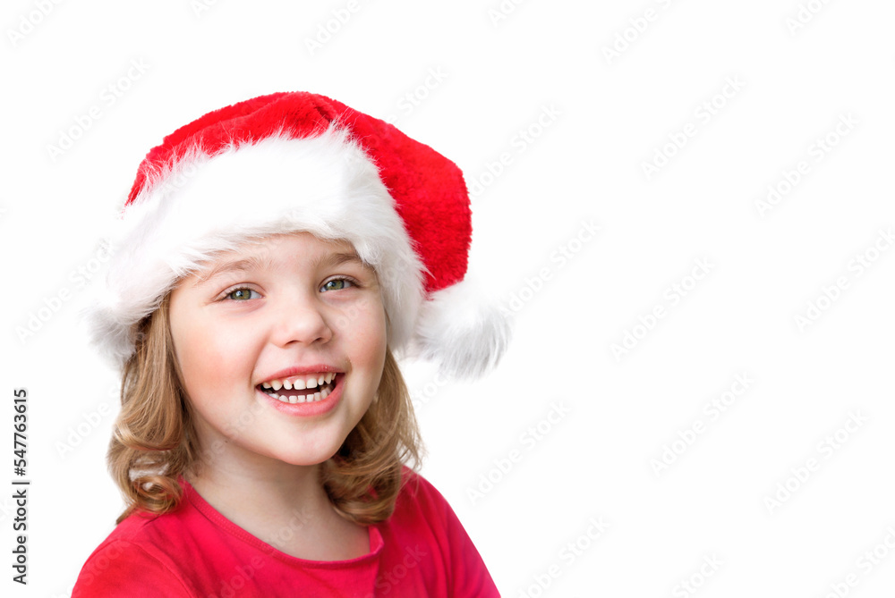 Child girl portrait in Santa hat isolated on white.Happy smiling girl Christmas concept. Child girl portrait in Santa hat isolated on white.Happy smiling girl Christmas concept.