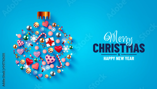 Creative Christmas ball made of shiny balls, confetti, candies and hearts. Merry Christmas and happy new year.