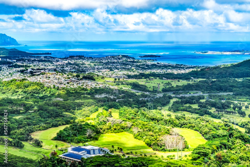 Colorful Kaneohe City Nuuanu Pali Outlook Green Mountains Oahu Hawaii
