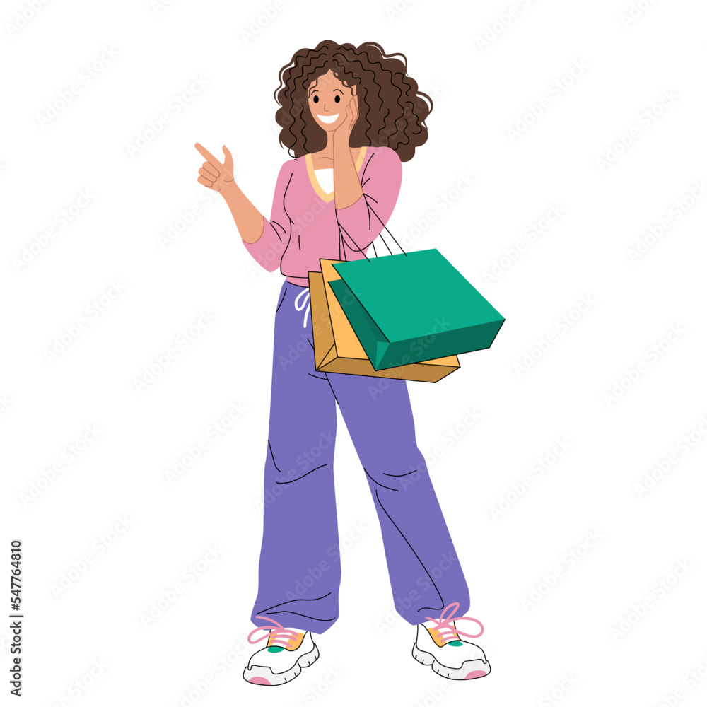 Shopaholic girl holding colored paper bags with purchases. Discount, big sale concept. Trendy flat vector cartoon illustration isolated on white background.