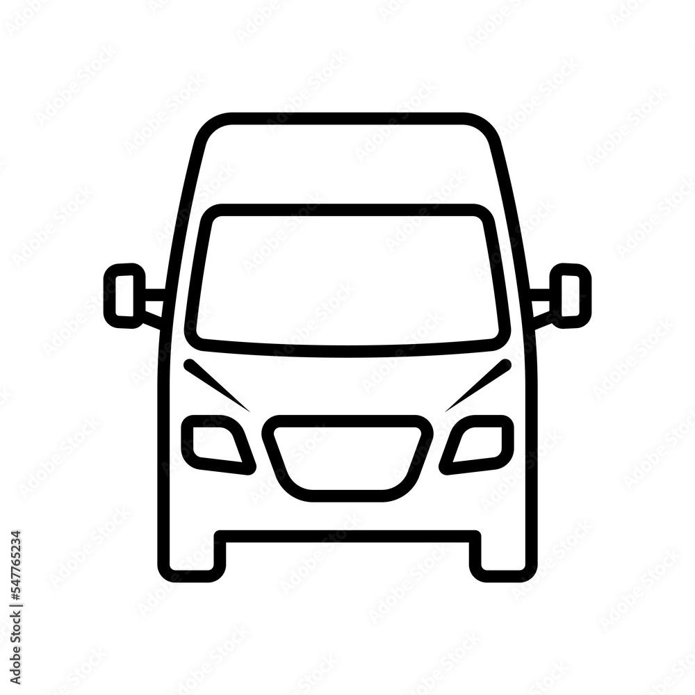 Minibus icon. Van. Black contour linear silhouette. Front view. Editable strokes. Vector simple flat graphic illustration. Isolated object on a white background. Isolate. Minibus icon. Van. Black contour linear silhouette. Front view. Editable strokes. Vector simple flat graphic illustration. Isolated object on a white background. Isolate.
