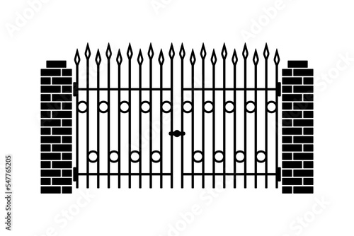 Big gate and brick pillars icon. Black silhouette. Front view. Vector simple flat graphic illustration. Isolated object on a white background. Isolate.