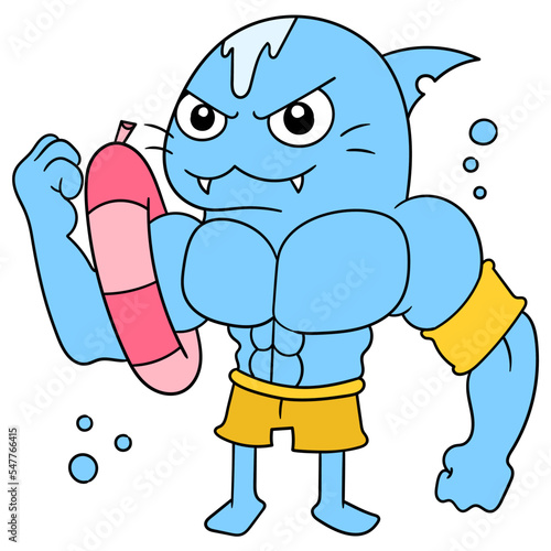 Vector illustration of a strong shark character with muscles wearing yellow shorts