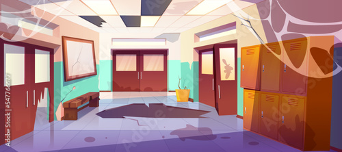 Vector cartoon dirty school hallway interior with broken lockers, classroom doors, garbage and crack in floor. Empty abandoned university or college corridor with mess, broken ceiling and spiderweb.