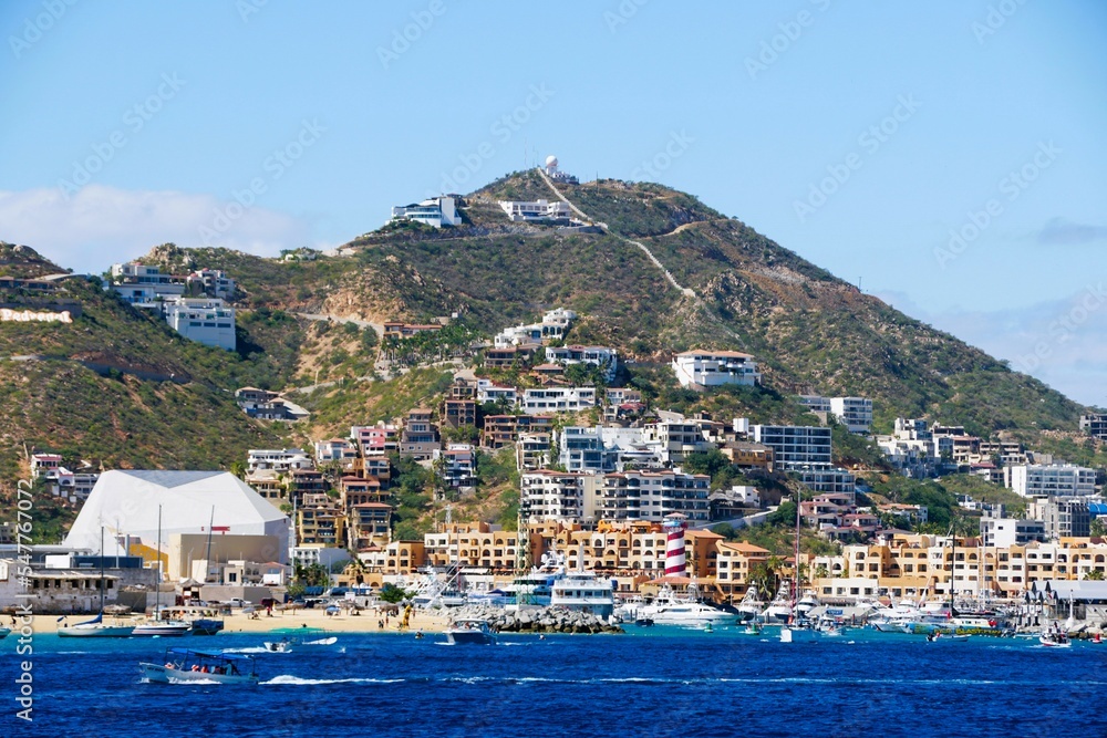 The view of the hill with luxury waterfront homes and resort hotels near Cabo San Lucas, Mexico
