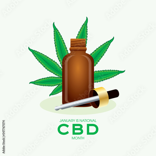 January is National CBD Month vector. Brown glass bottle of CBD oil with hemp leaf icon vector. Cannabis oil vial with a dropper illustration. Important day