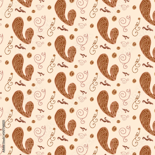 Seamless pattern of abstract shapes and figures in boho style. Beige and brown colors trend. Design for background, wallpaper, postcards, cover, post, banner, fabric.