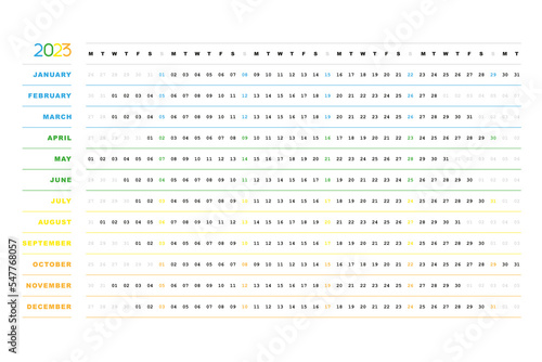 2023 calendar colorful horizontal lines