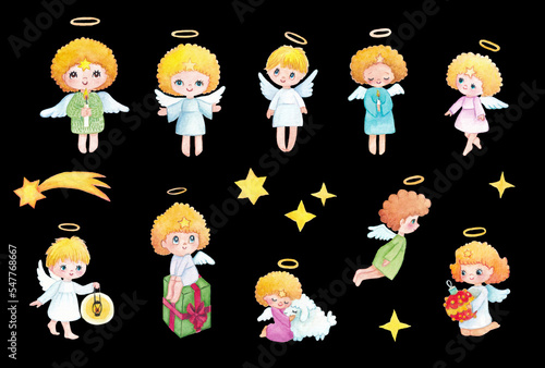 Little cute angels character set, handdrawn illustration collection, angle with star, halo and wings, holding ball, present, lantern, candle. Isolated.