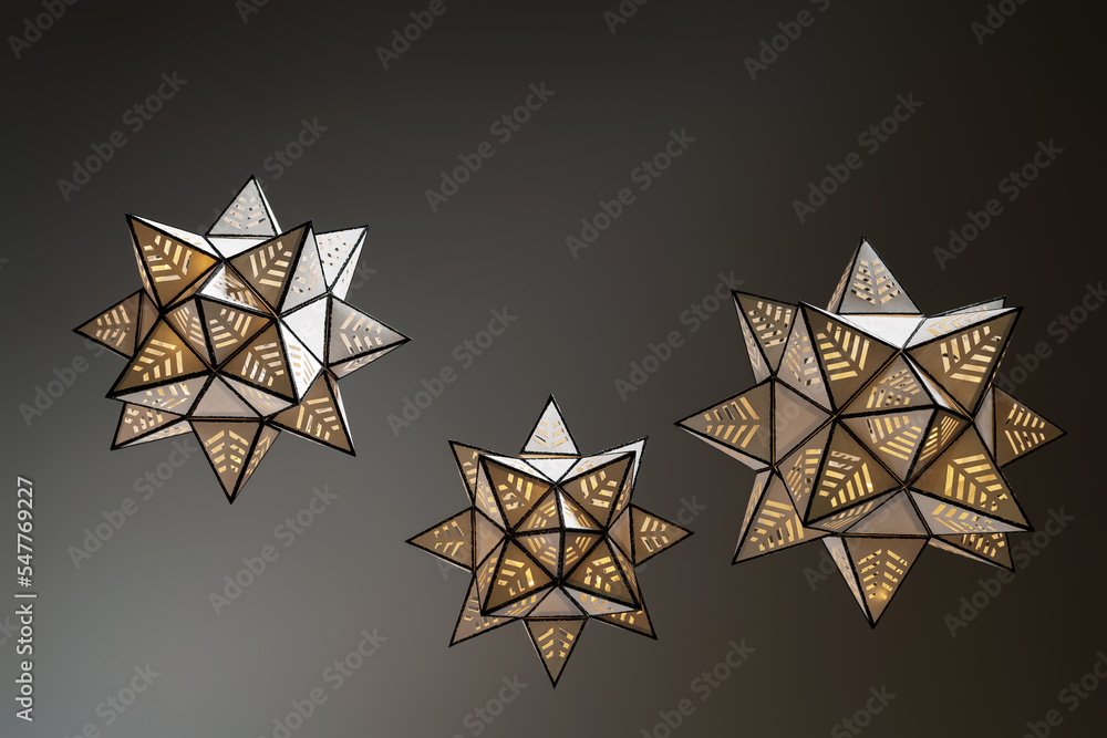 Three white lantern stars with black edges Three white lantern stars with black edges