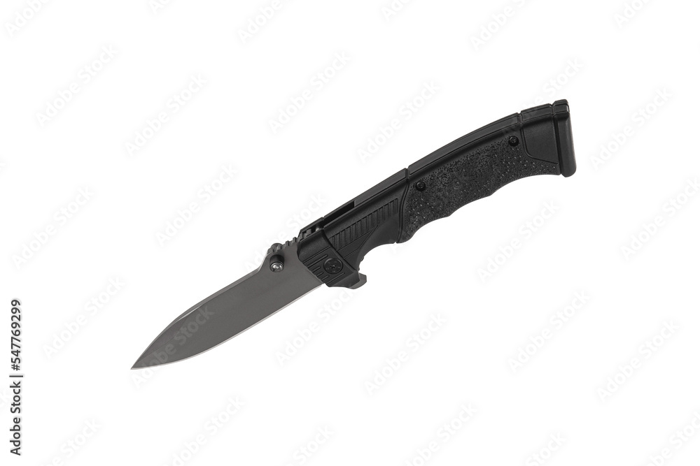 Pocket folding knife isolate on white back. Compact metal sharp knife with a folding blade. Pocket folding knife isolate on white back. Compact metal sharp knife with a folding blade.