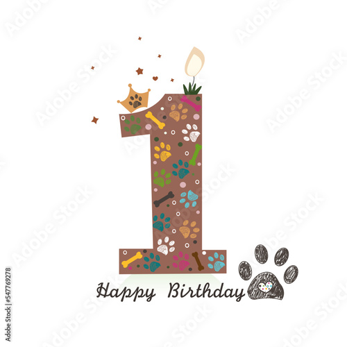 First one text candle.Paw prints and bone first birthday candle greeting card. Birthday greeting card