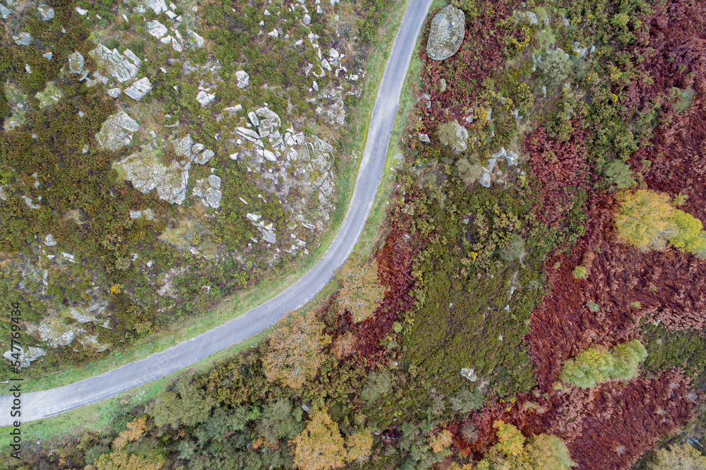 drone aerial view of a mountain road in the autumn
