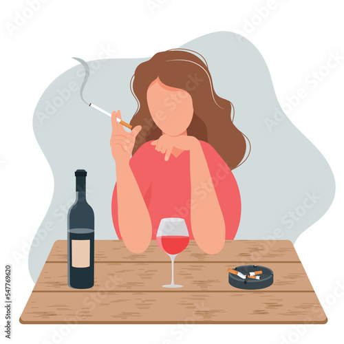 Sad girl is sitting at the table, smoking and drinking alcohol. Bottle of wine, dirty ashtray on the table. Depression, stress. Alcohol and nicotine addiction, harmful habit. Vector illustration