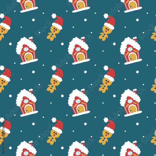 Christmas pattern with gingerbread and gingerbread house on dark background in cartoon design
