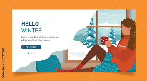 Cozy winter illustration with cute girl sitting on a windowsill with a cup, small-knit blanket. Window overlooking the village. Comfortable lifestyle. Flat style template. Girl next to window