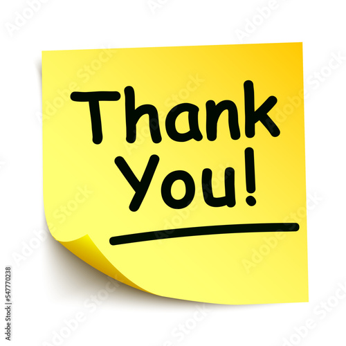 Yellow sticker with black postit Thank You, note hand written - stock vector