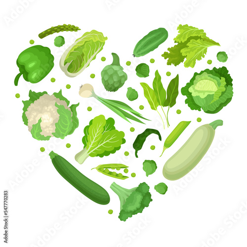 Green vegetables of heart shape. Natural healthy organic food for poster, card, banner design cartoon vector