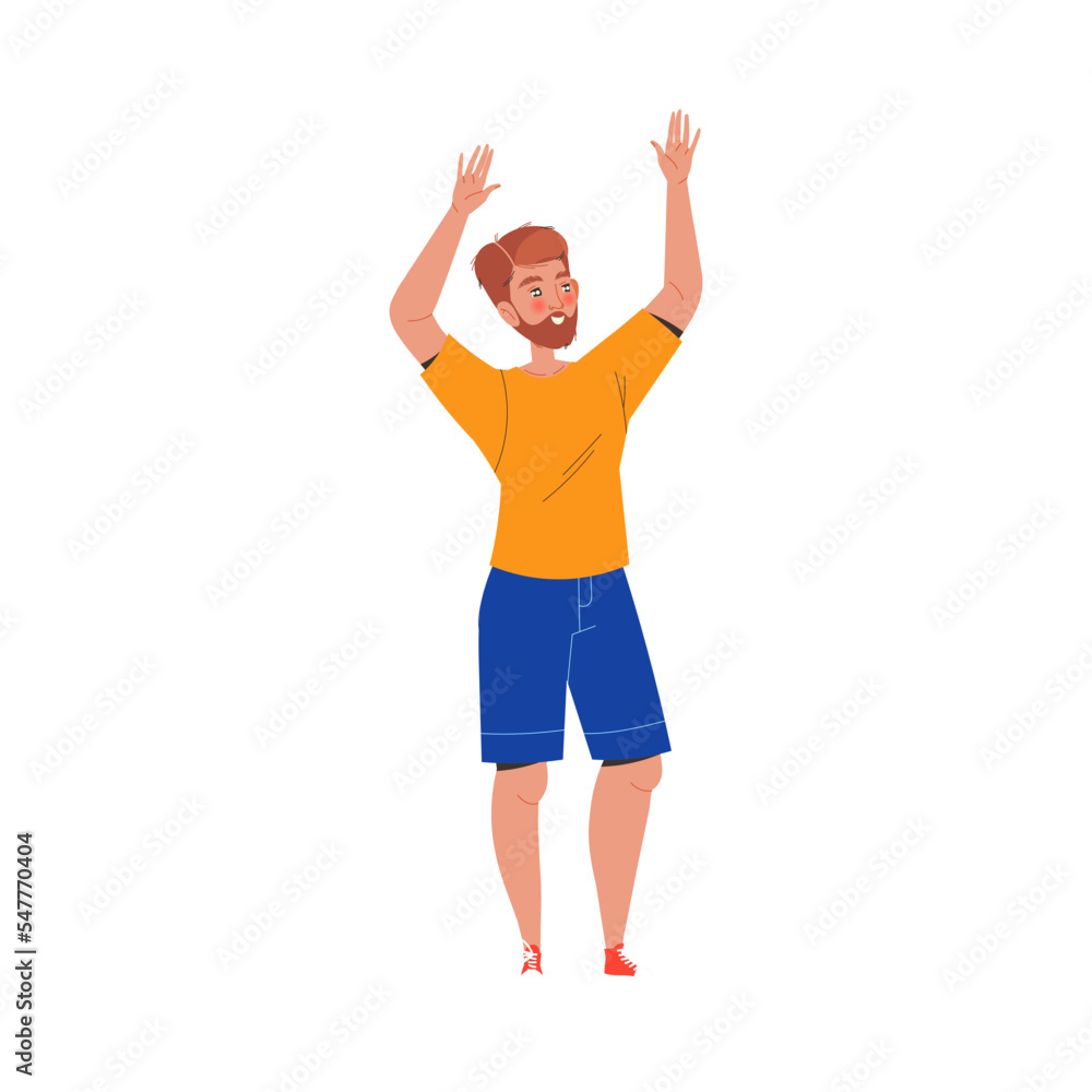Happy Bearded Man Character Standing with Raised Hands Vector Illustration Happy Bearded Man Character Standing with Raised Hands Vector Illustration