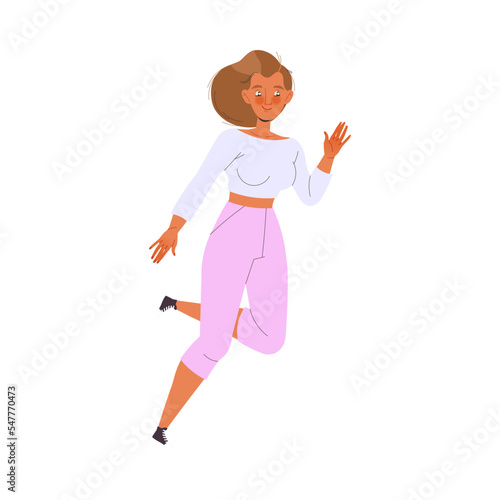 Happy Woman Character Running and Waving Hand Vector Illustration