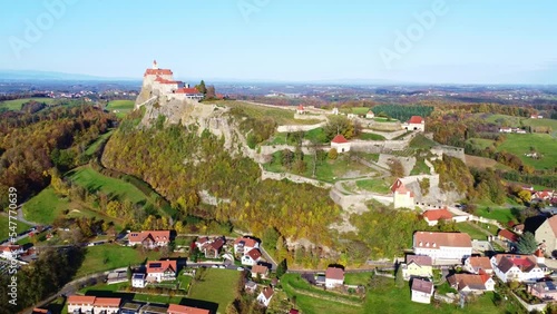 Aerial flight around the famous Riegersburg castle in Austria on a beautiful autumn day