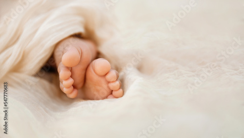 Newborn baby feet closeup on soft cream wrap in a selective focus