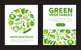 Green vegetables web banner and card templates set. Natural organic farm products landing page, promotional leaflet cartoon vector