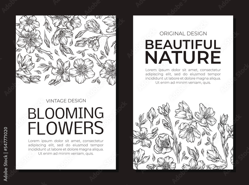 Beautiful nature card templates set. Blooming flowers poster, card, wedding invitation with black silhouettes of blooming flowers hand drawn