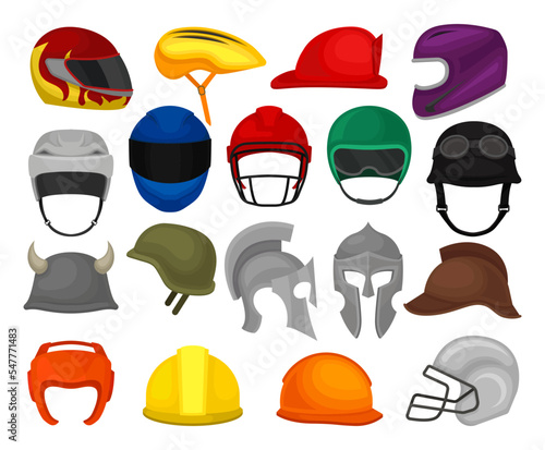 Helmet as Protective Head Covering Isolated on White Background Big Vector Set